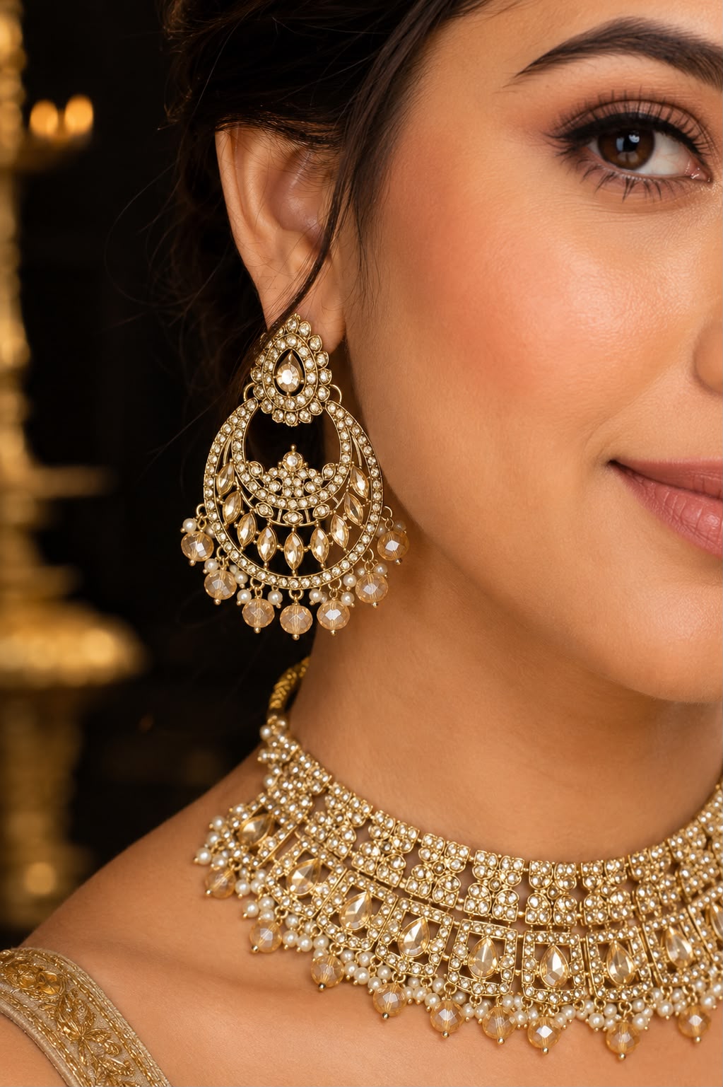 Ankuna Diamond Finish Bridal Choker Necklace Set with Earrings & Maang Tikka for Women