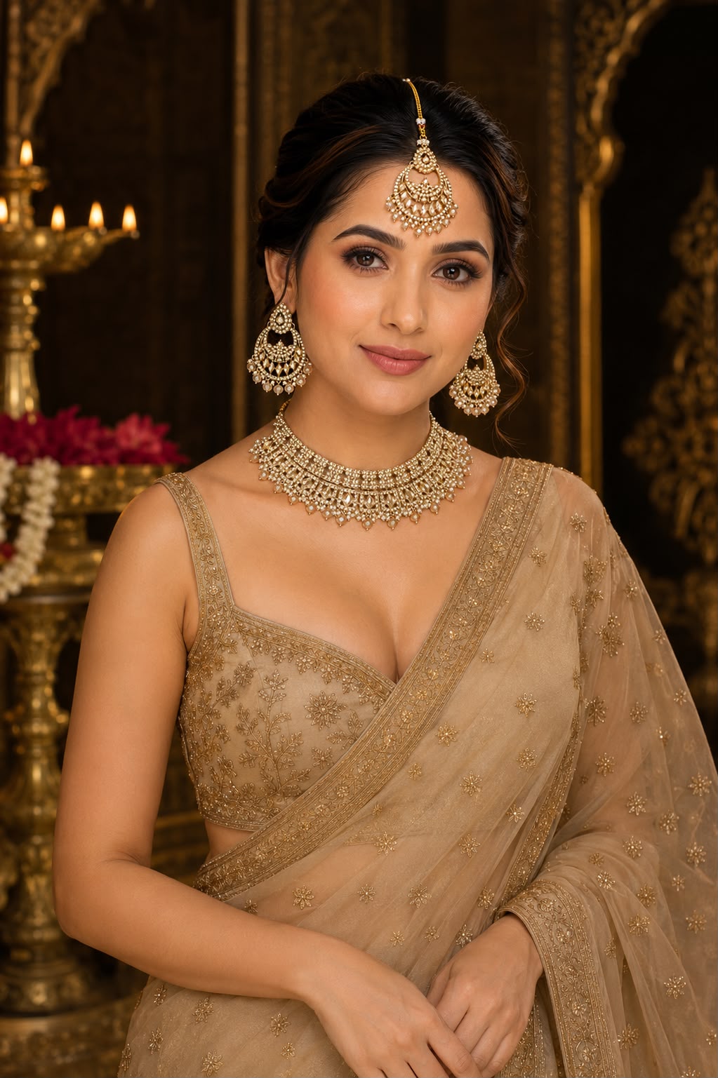 Ankuna Diamond Finish Bridal Choker Necklace Set with Earrings & Maang Tikka for Women