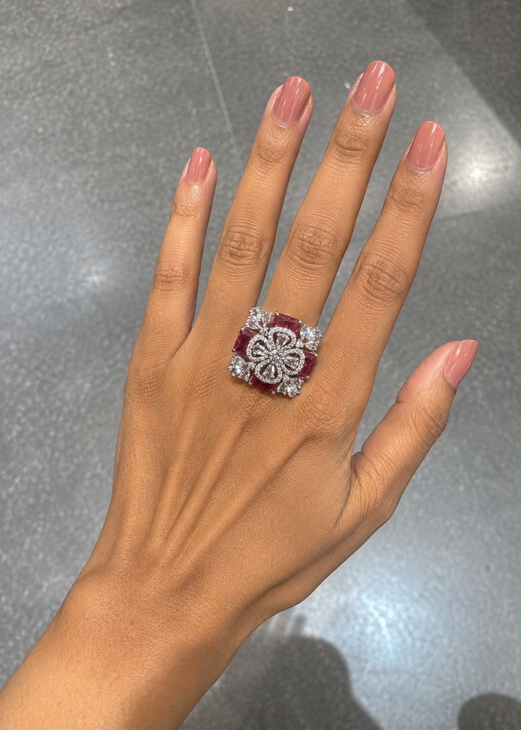 Rhodium Plated Ruby Red Floral Statement Ring