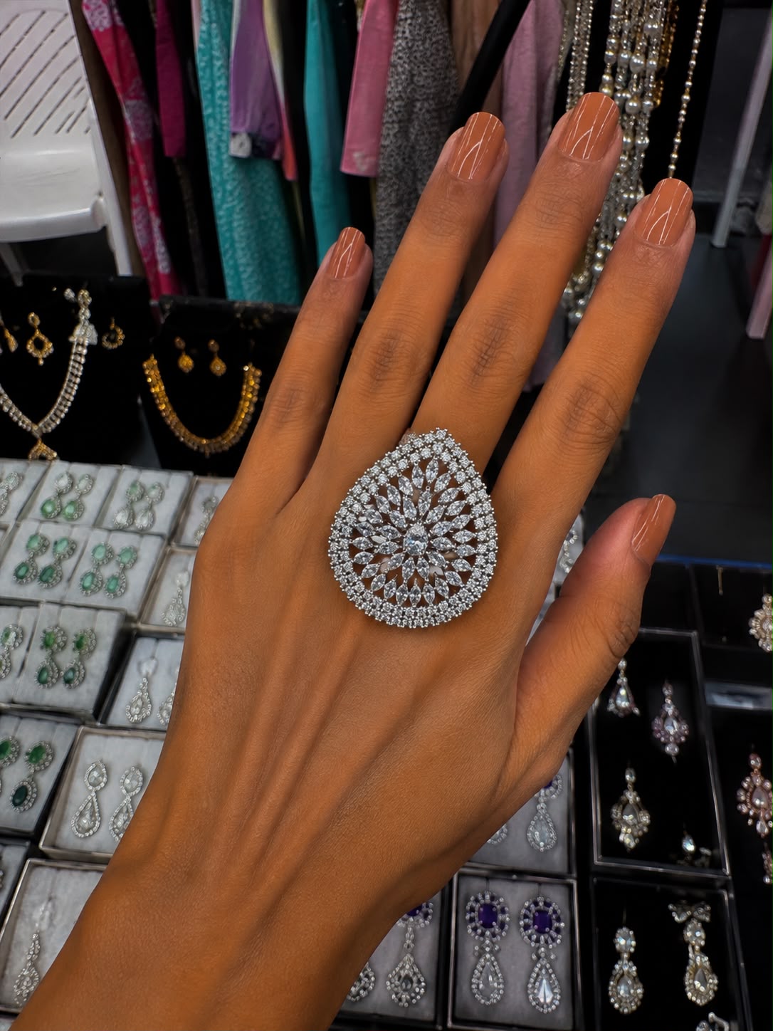 Silver Tone Crystal Teardrop Statement Ring