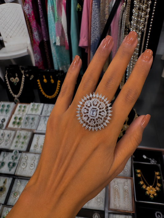 Silver Tone Floral Crystal Statement Ring