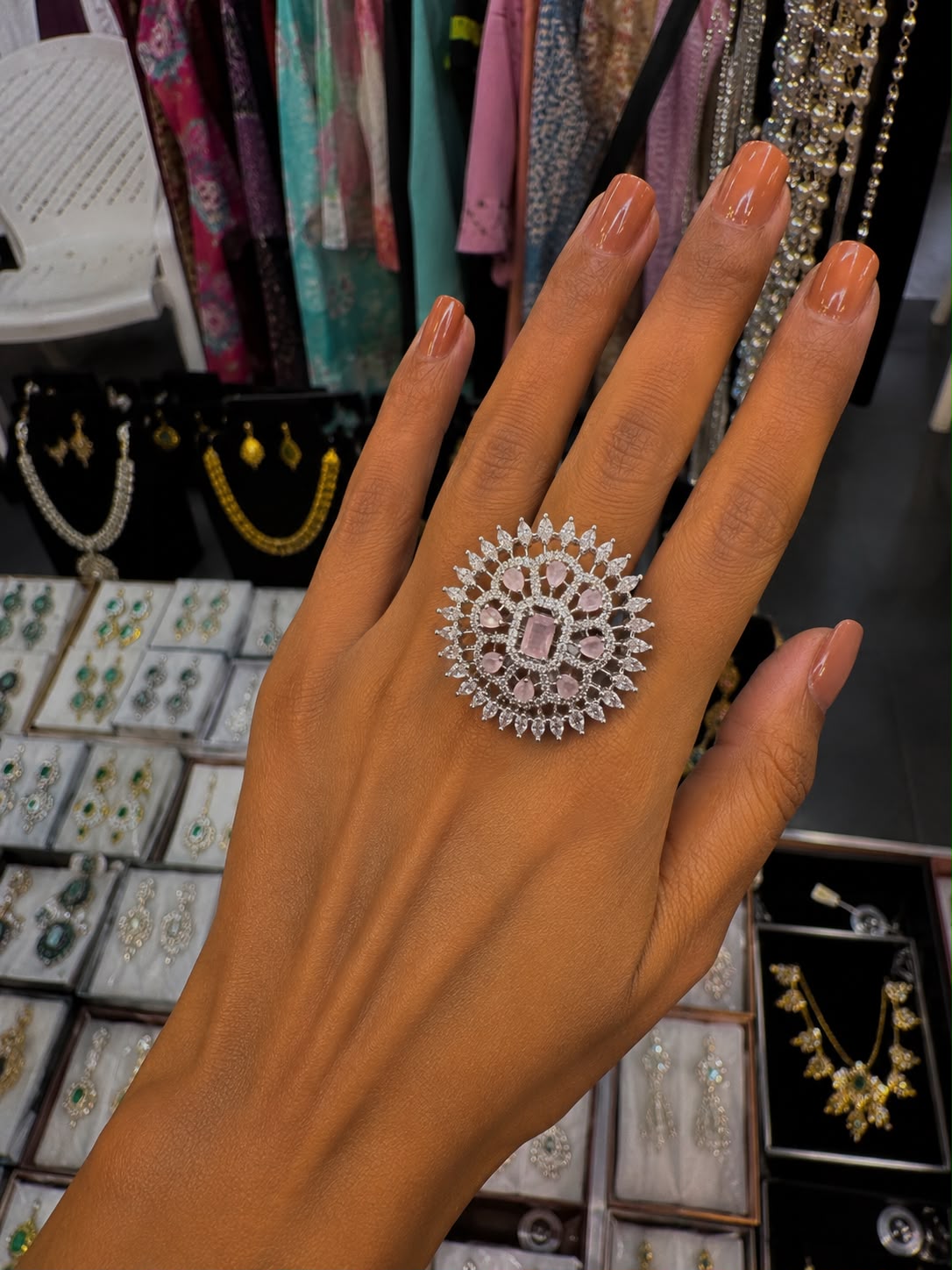 Silver Tone Pink Crystal Floral Statement Ring