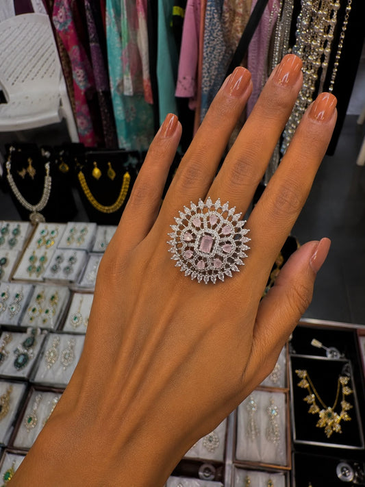 Silver Tone Pink Crystal Floral Statement Ring