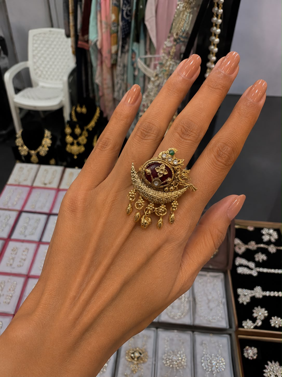 Royal Peacock Maroon Statement Ring