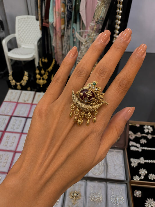Royal Peacock Maroon Statement Ring