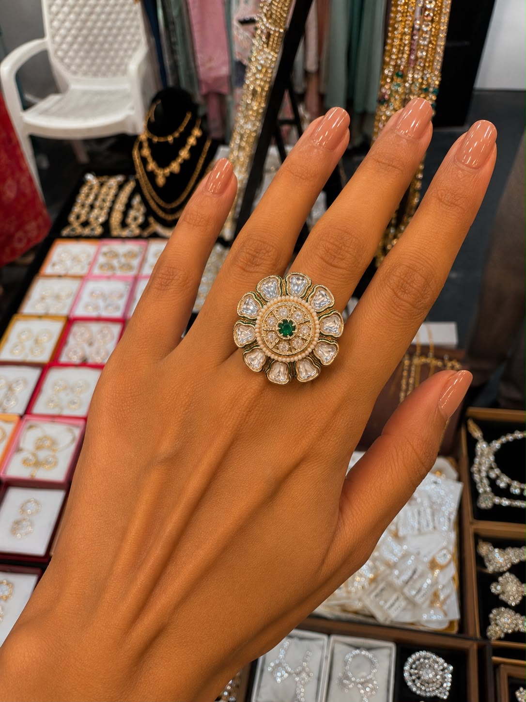 Emerald Floral Crystal Statement Ring