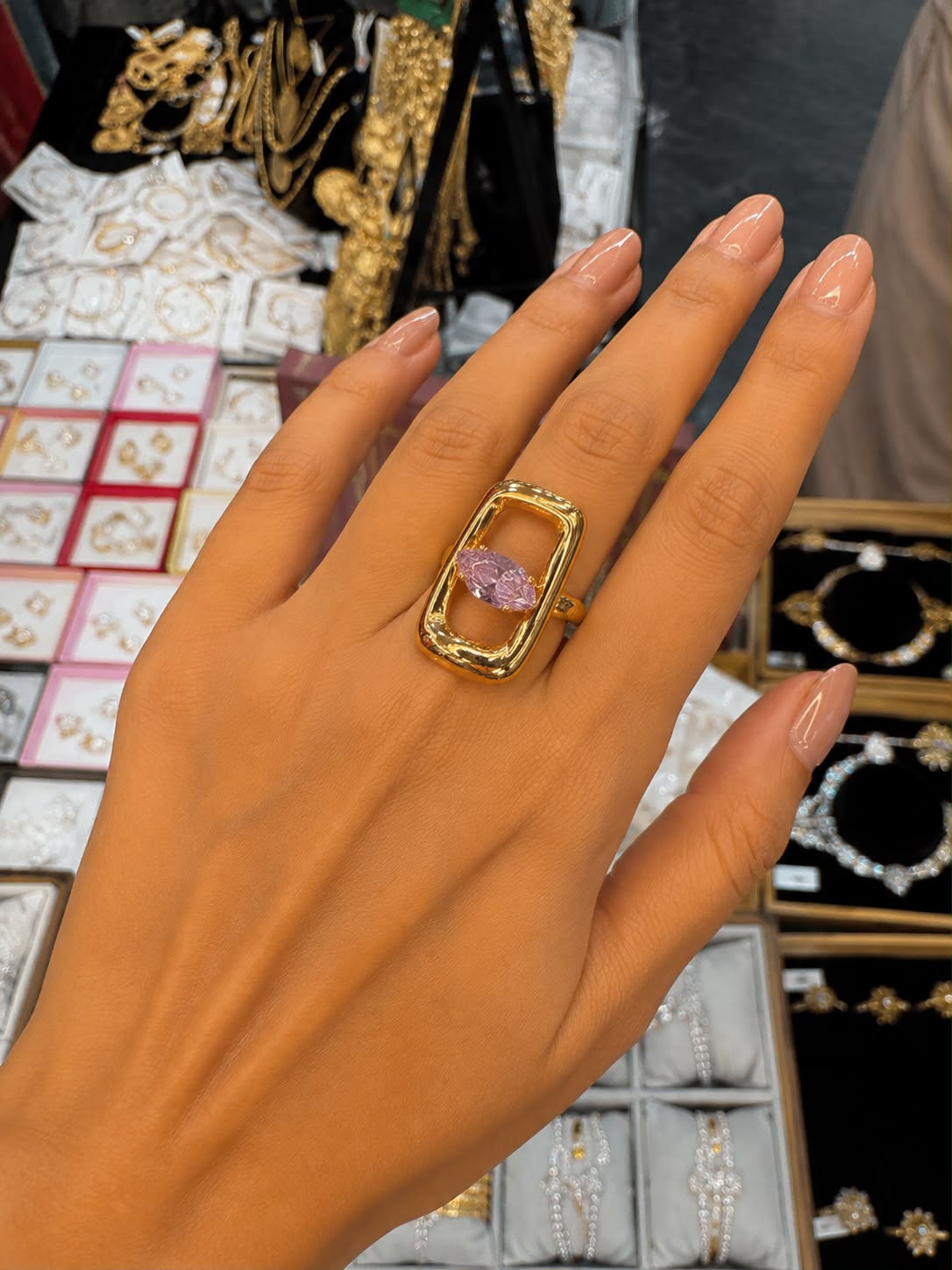 Lavender Crystal Geometric Statement Ring