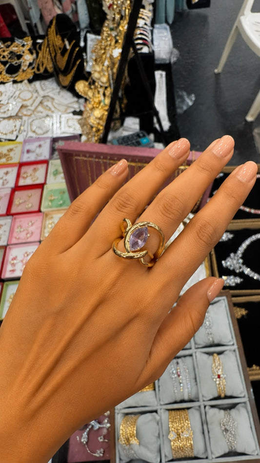 Anti Tarnish Gold Purple Stone Open Band Statement Ring