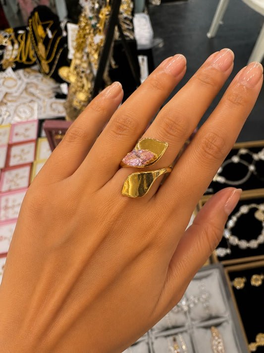 Anti Tarnish Gold Leaf Pink Stone Statement Ring