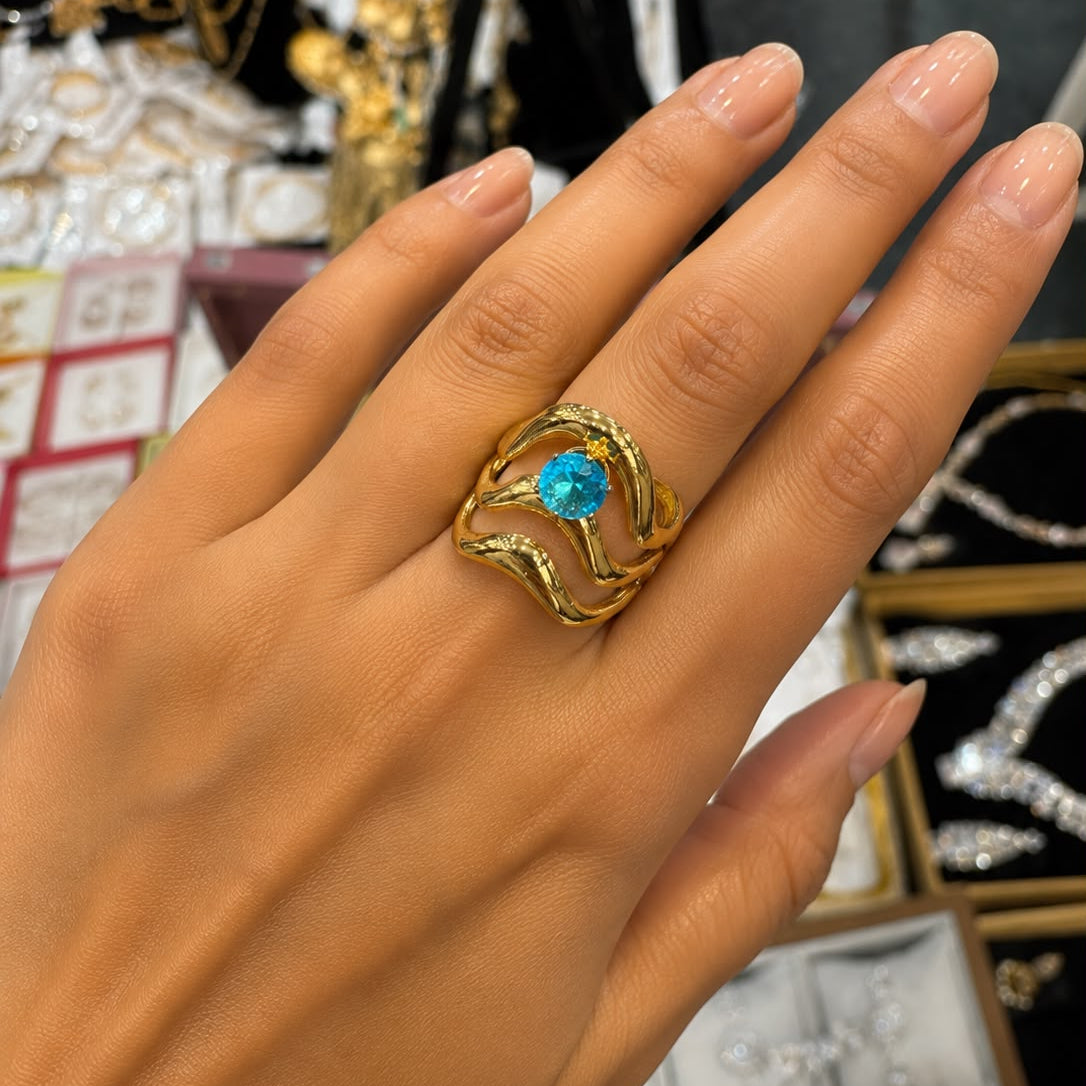 Anti Tarnish Gold Blue Stone Wave Design Ring