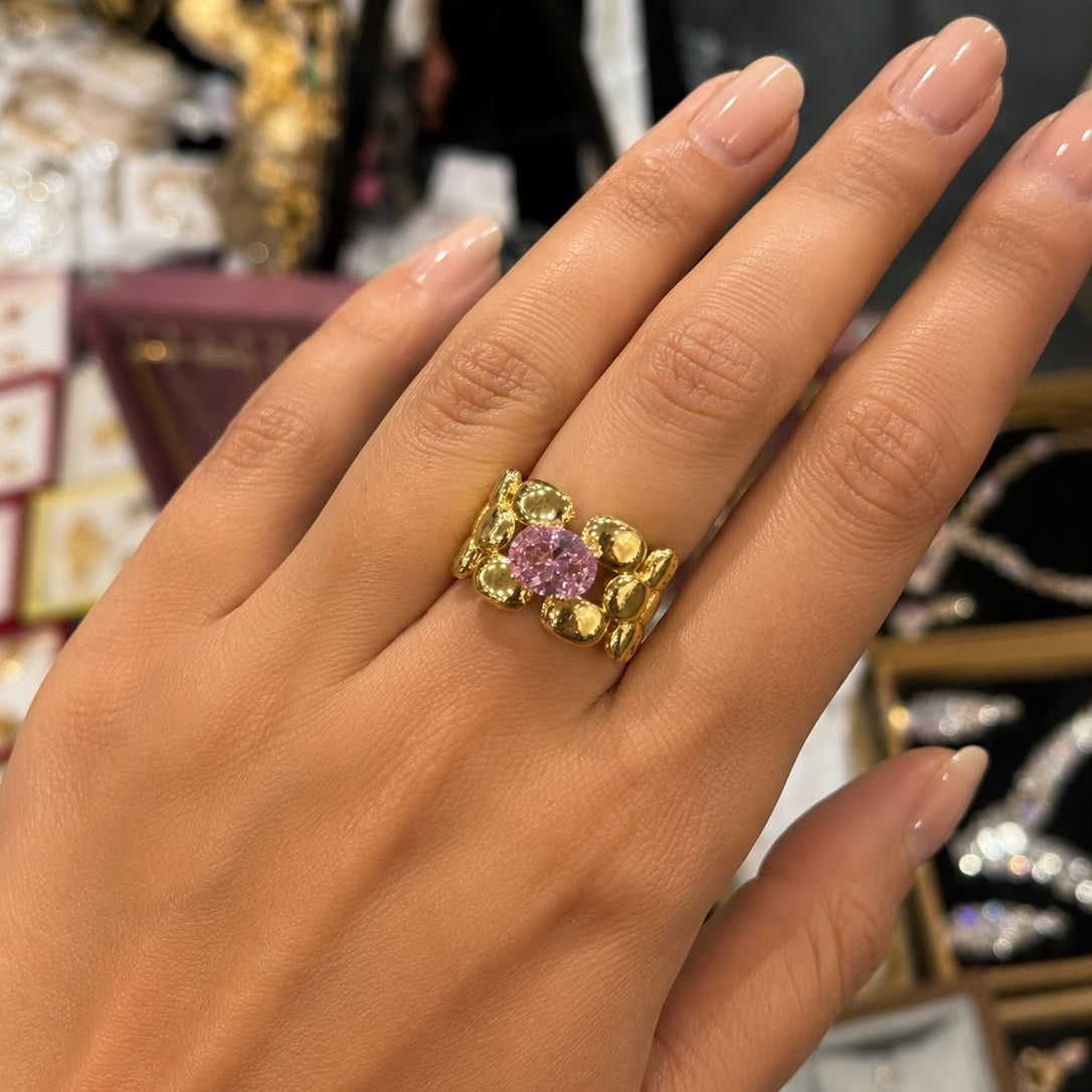 Anti Tarnish Gold Pink Stone Floral Statement Ring