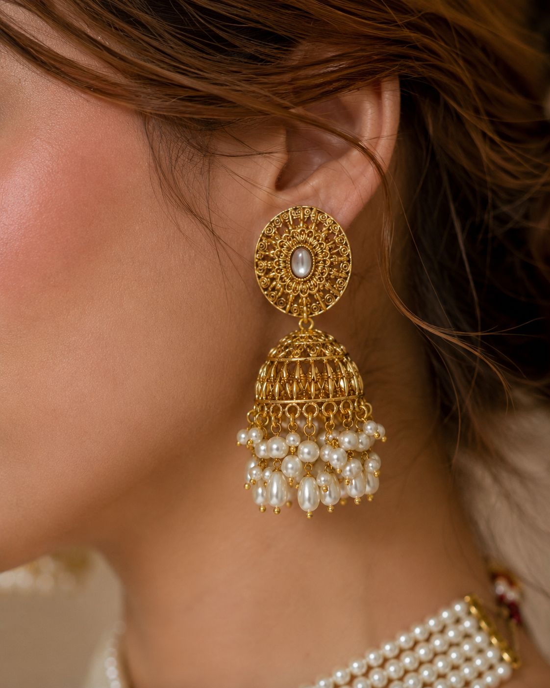 Ankuna Pearl Layered Choker Set with Jhumka Earrings & Maang Tikka