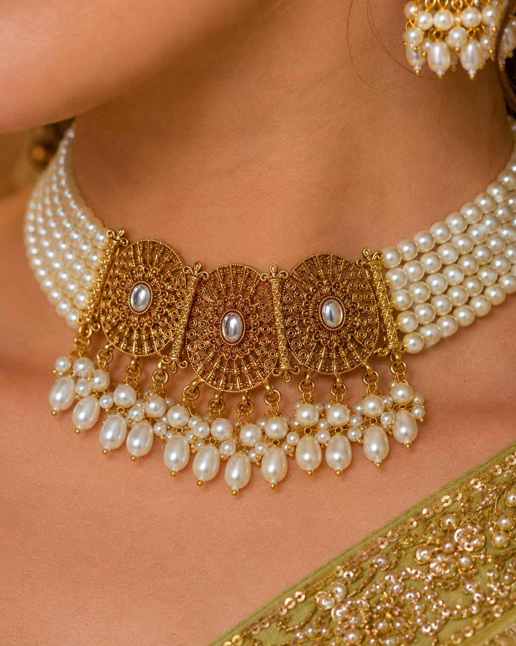 Ankuna Pearl Layered Choker Set with Jhumka Earrings & Maang Tikka