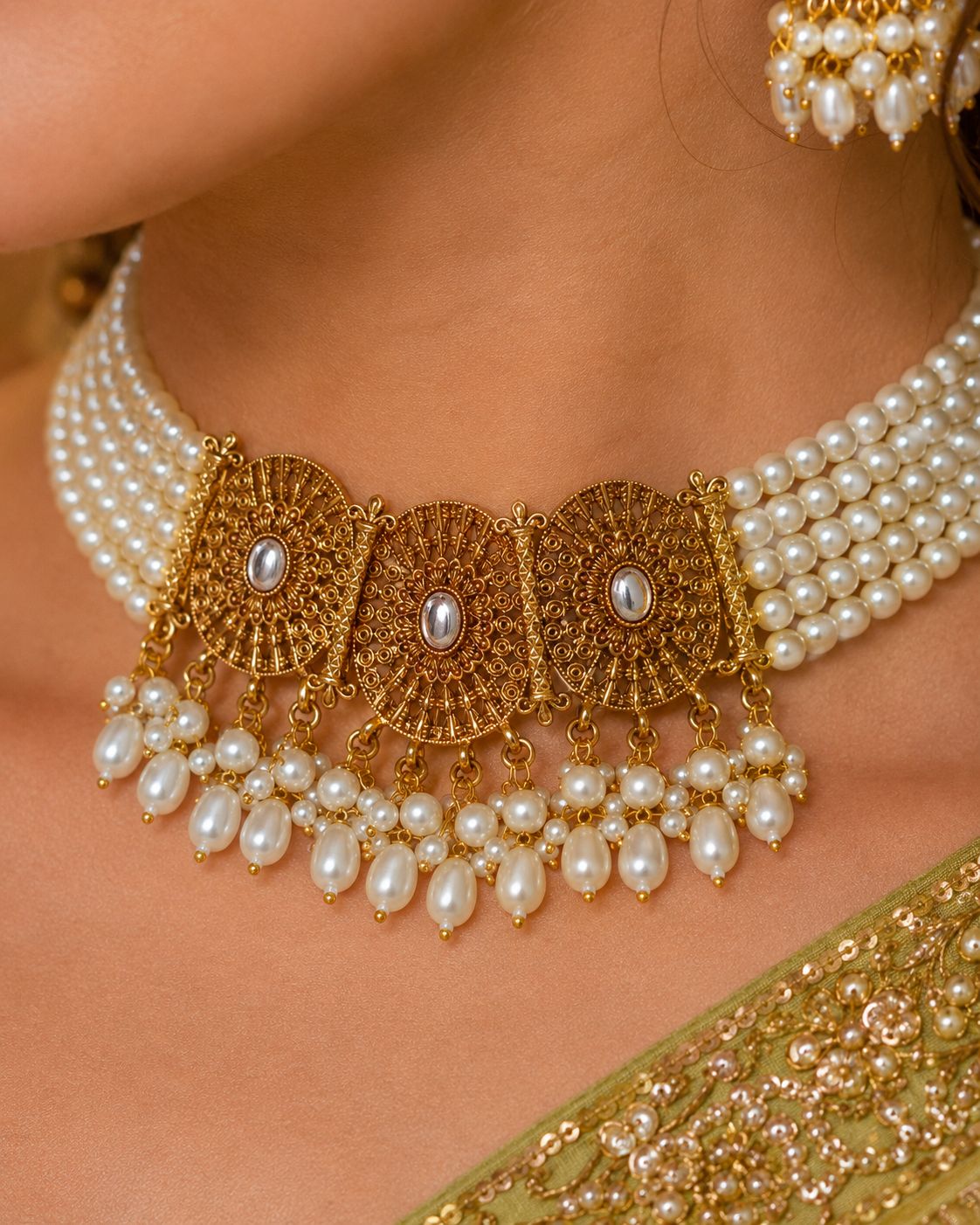 Ankuna Pearl Layered Choker Set with Jhumka Earrings & Maang Tikka