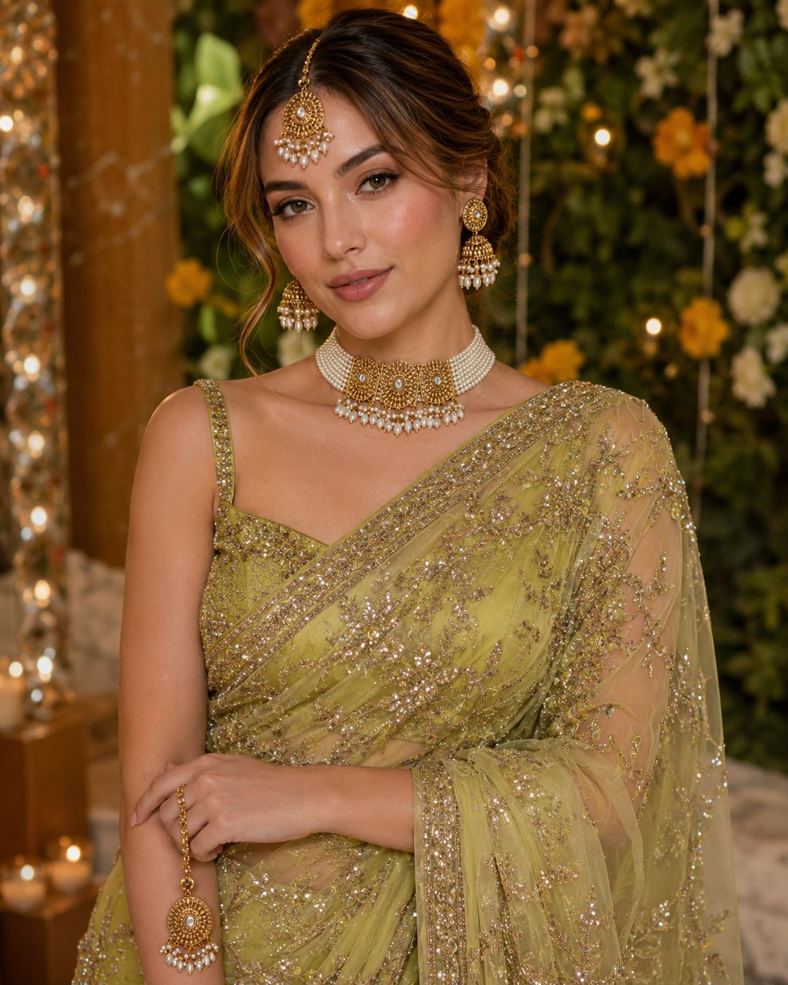 Ankuna Pearl Layered Choker Set with Jhumka Earrings & Maang Tikka