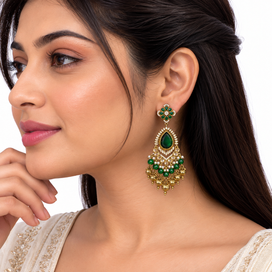 Gold Green Emerald Pearl Drop Earring