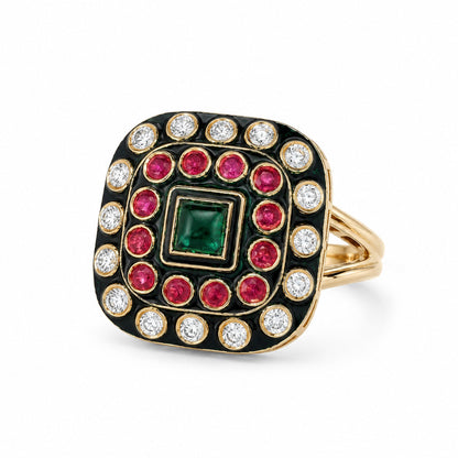 Antique gold-tone green and ruby Kundan ring