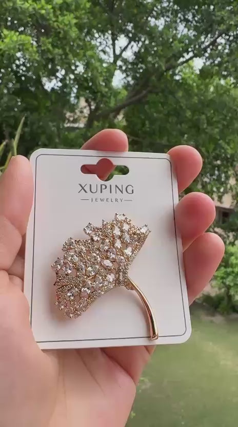 Elegant Gold Crystal Floral Leaf Brooch