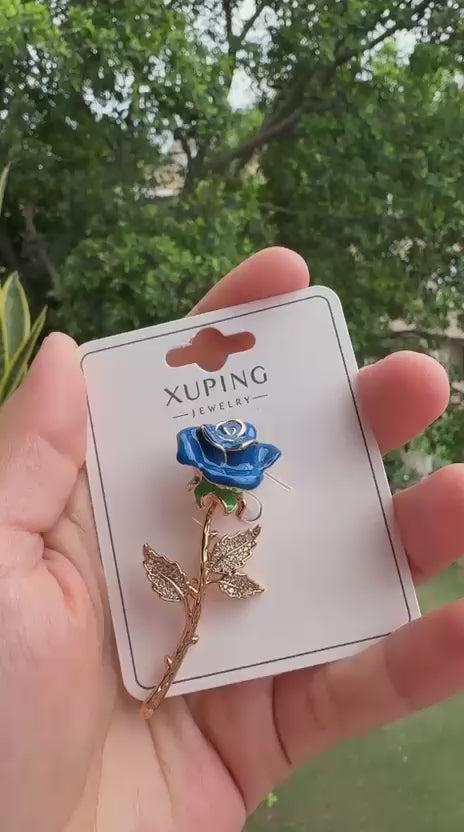 Elegant Blue Rose Crystal Brooch