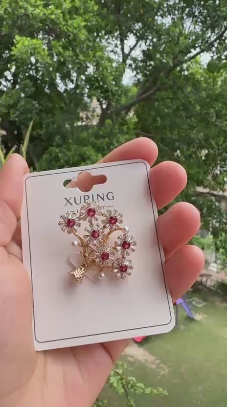Elegant Gold Floral Ruby Crystal Tree Brooch