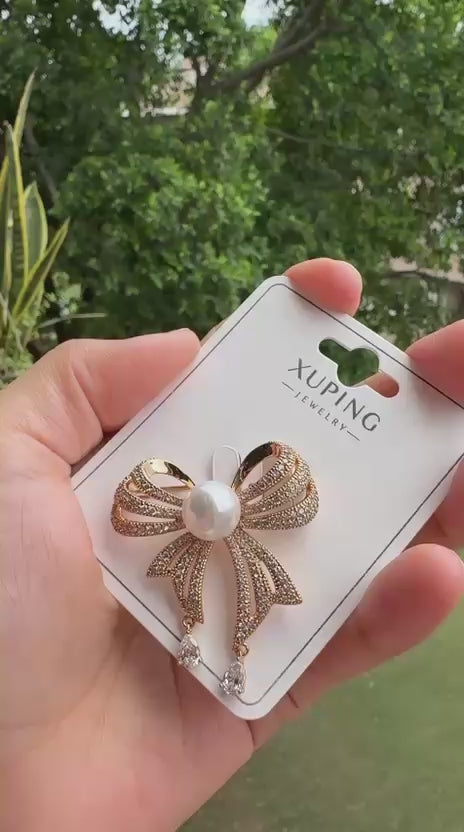 Elegant Gold Bow Pearl Crystal Brooch