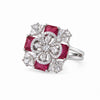 Rhodium-plated ruby red floral statement ring