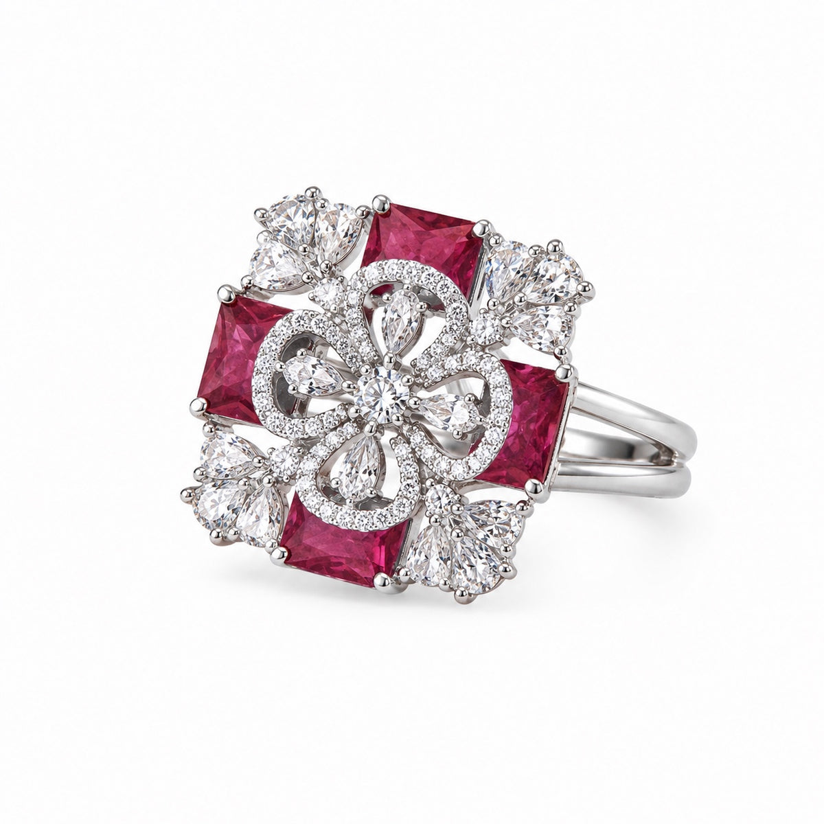 Rhodium Plated Ruby Red Floral Statement Ring