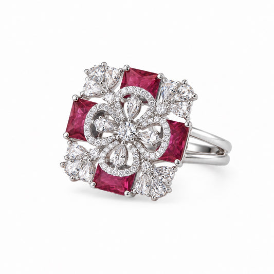 Rhodium-plated ruby red floral statement ring