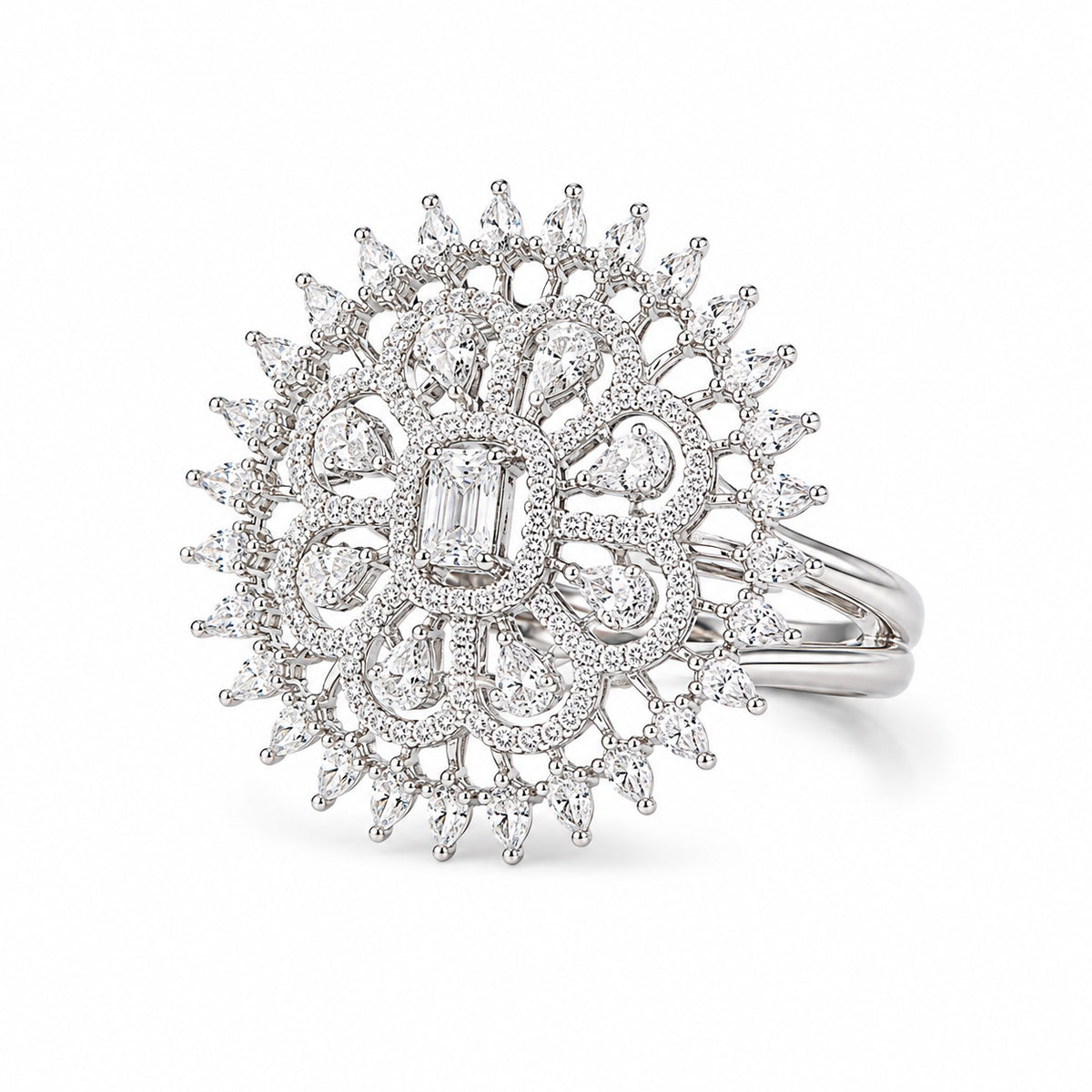 Silver Tone Floral Crystal Statement Ring