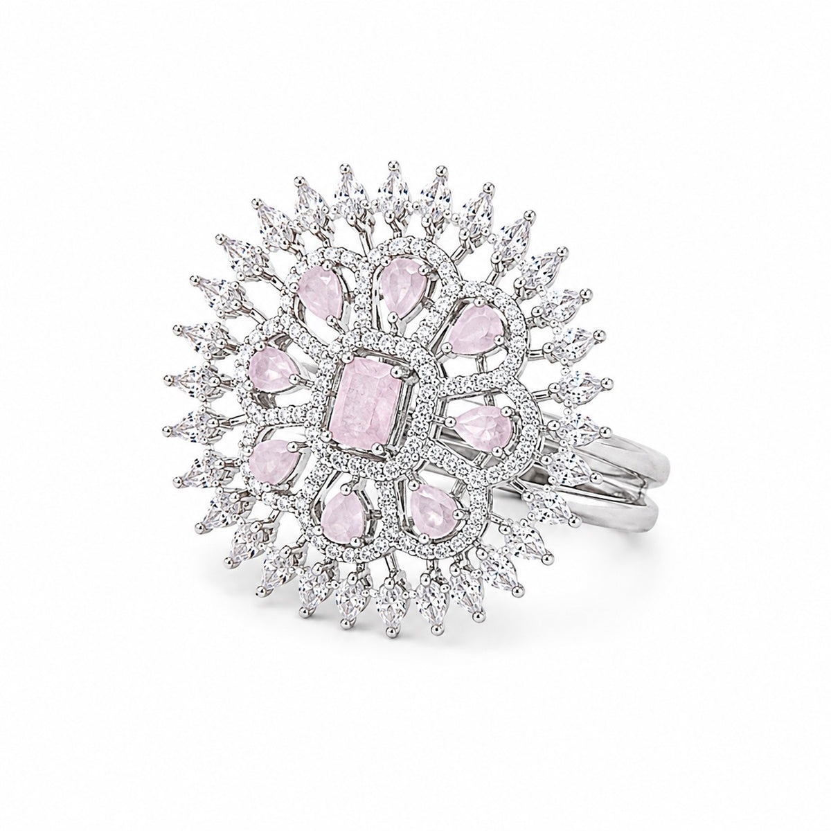 Silver Tone Pink Crystal Floral Statement Ring