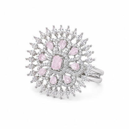 Silver-tone pink crystal floral statement ring