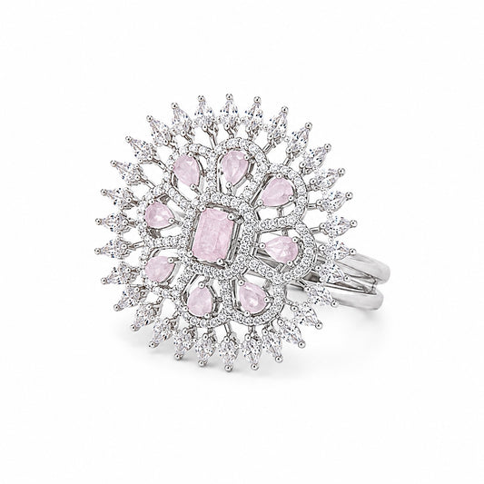 Silver-tone pink crystal floral statement ring