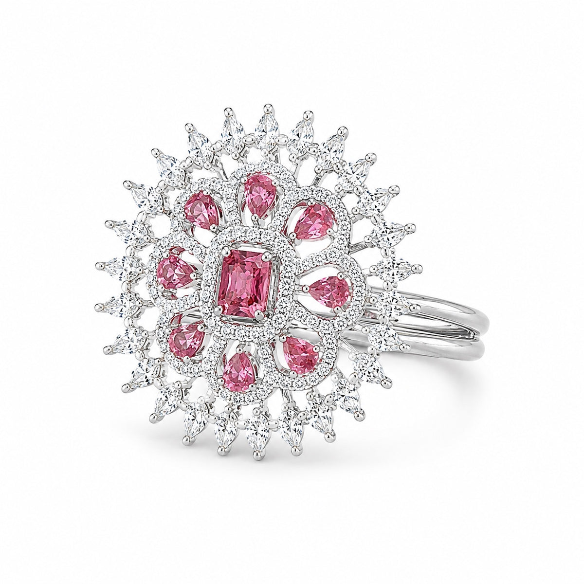 Silver-tone pink stone crystal statement ring