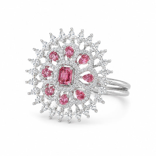 Silver-tone pink stone crystal statement ring